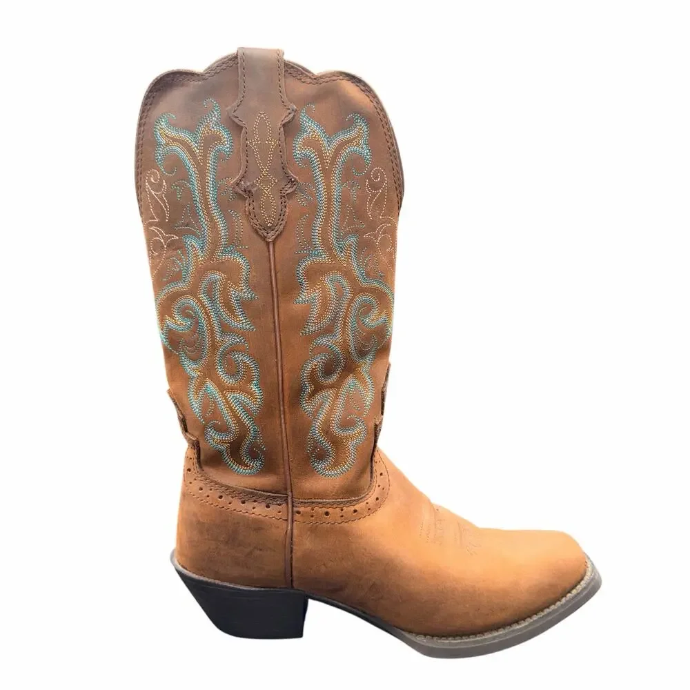 Justin Leather Western Boots Tan Turquoise Stitch Women 7B